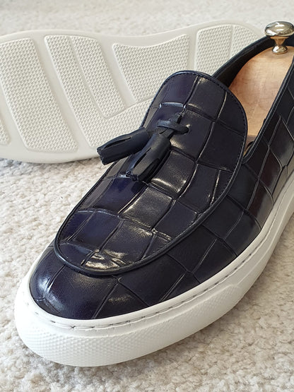 Berton Navy Blue Tassel Loafers: Sophisticated Elegance