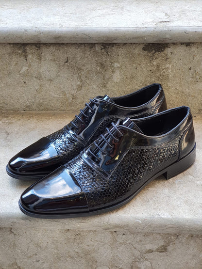 Henderson Black Wholecut Derbies - Navy Blue Patent Leather Elegance