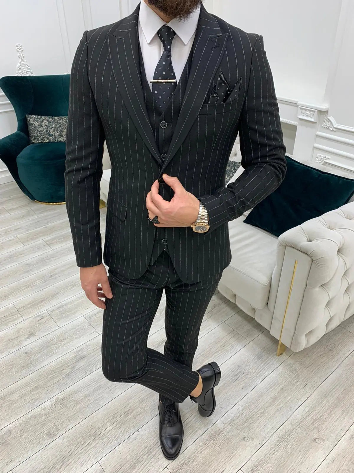 Lagos Black Slim Fit Peak Lapel Pinstripe Suit - Versatile Elegance for Every Occasion brabion