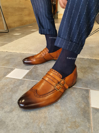 Stefano Tan Buckle Wingtip Loafers - Sophisticated Leather Footwear