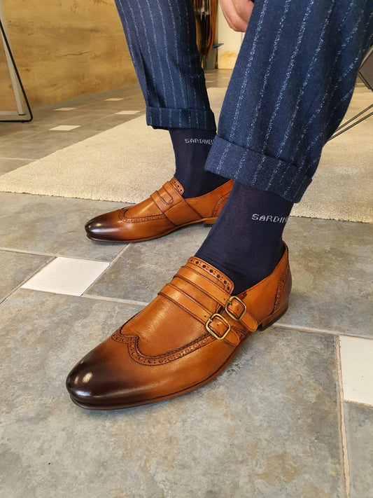 Stefano Tan Buckle Wingtip Loafers - Sophisticated Leather Footwear