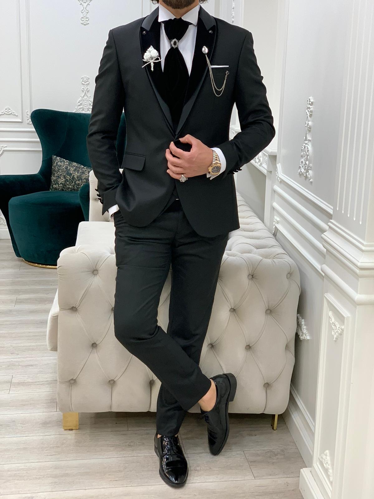Forte Black Slim Fit Velvet Peak Lapel Wedding Suit