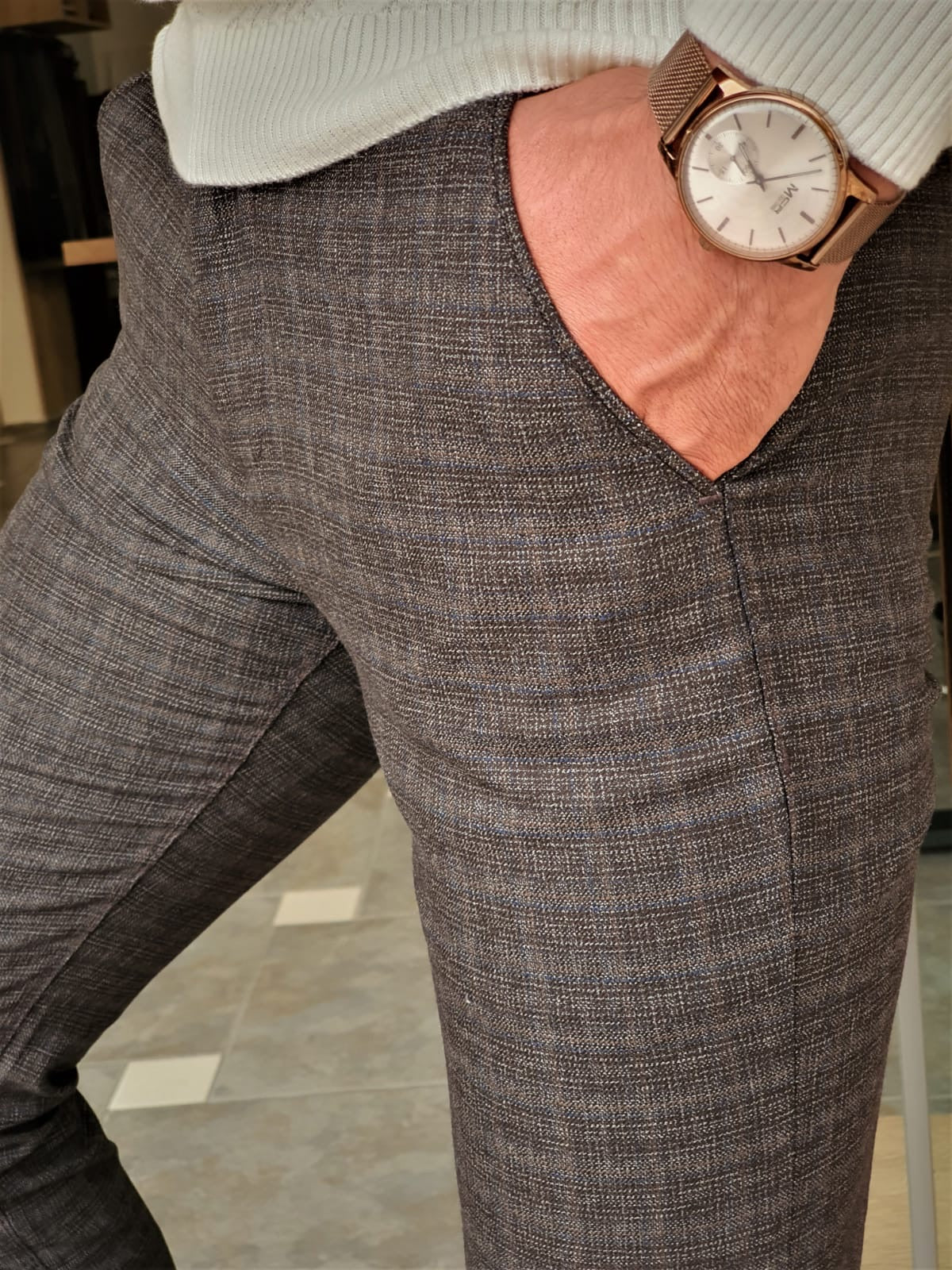 Henderson Brown Slim Fit Plaid Cotton Pants