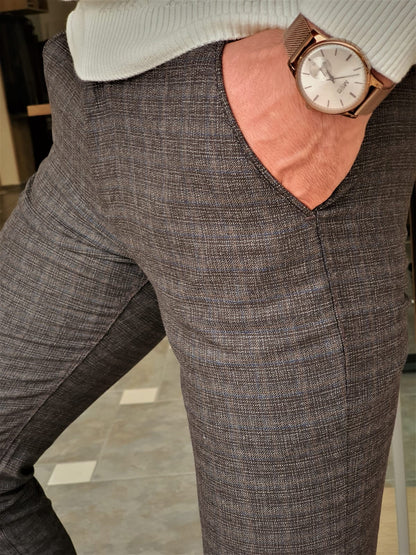 Henderson Brown Slim Fit Plaid Cotton Pants