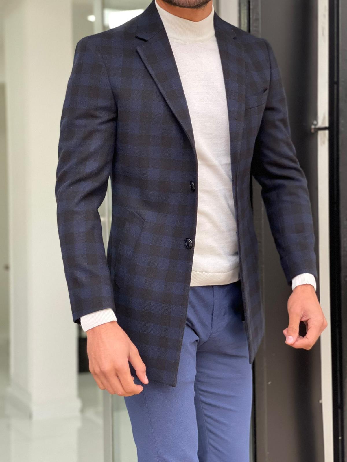 Melbourne Navy Blue Slim Fit Plaid Wool Long Coat