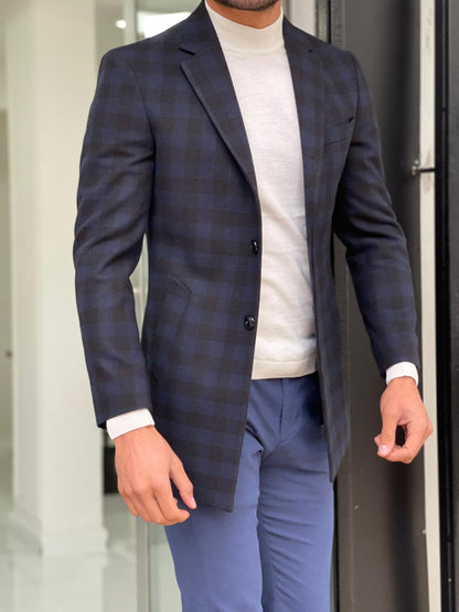 Melbourne Navy Blue Slim Fit Plaid Wool Long Coat