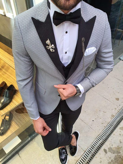 VillaNova Gray Slim Fit Patterned Tuxedo