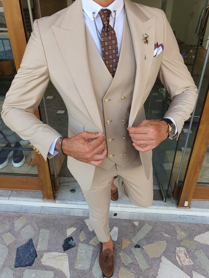Boston Beige Slim Fit Peak Lapel Wool Suit - Elevate Your Wardrobe