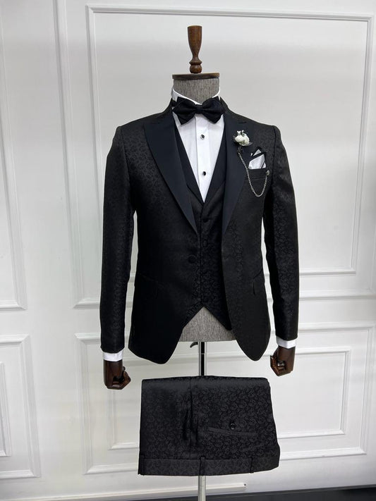 Sorento Black Slim Fit Floral Peak Lapel Tuxedo - Premium Formalwear for Men