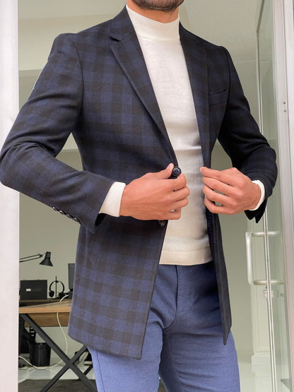 Melbourne Navy Blue Slim Fit Plaid Wool Long Coat