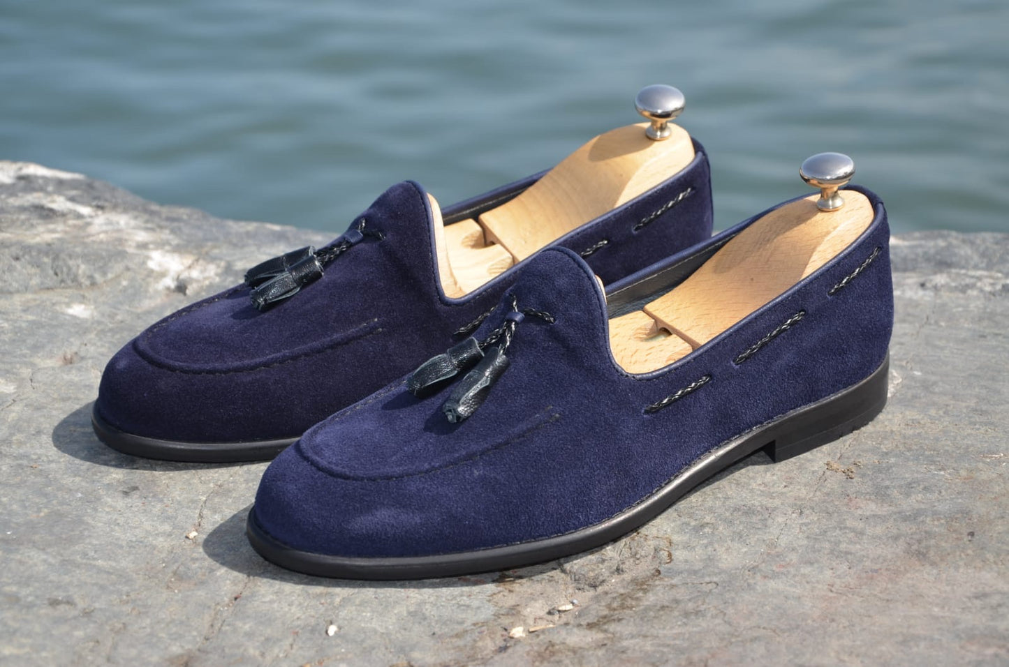 Suade Calf-Leather Loafer Shoes - Navy Blue