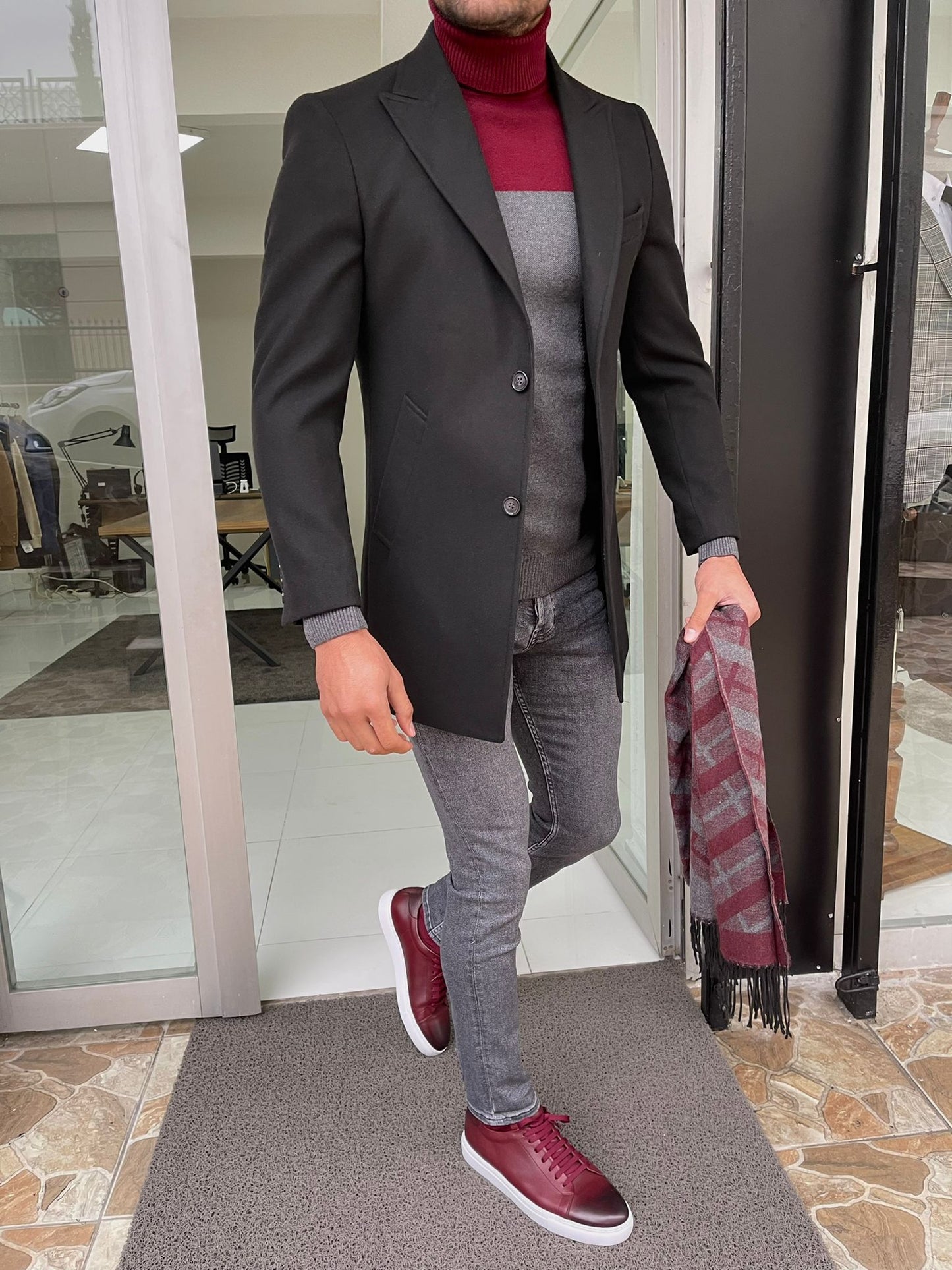 Viena Black Slim Fit Wool Long Coat