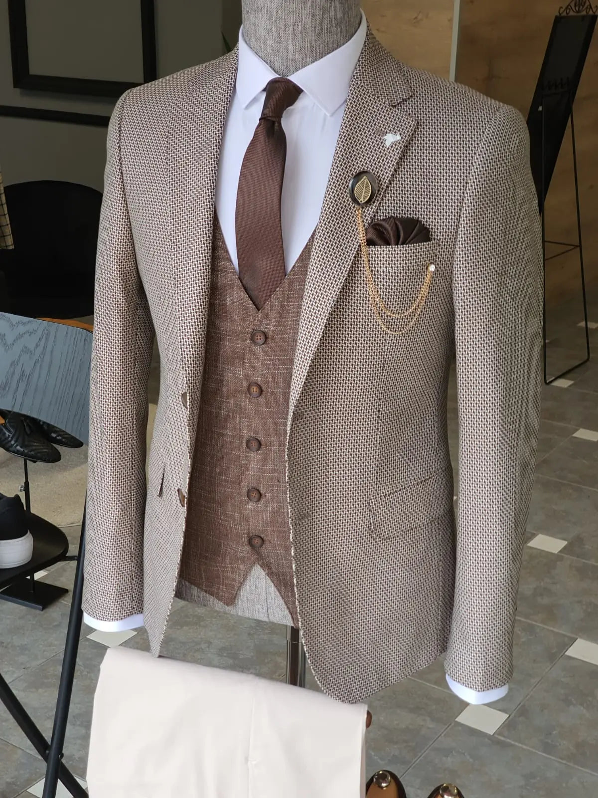 Acacia Beige Slim Fit Notch Lapel Suit - Three-Piece Elegance BOJONI