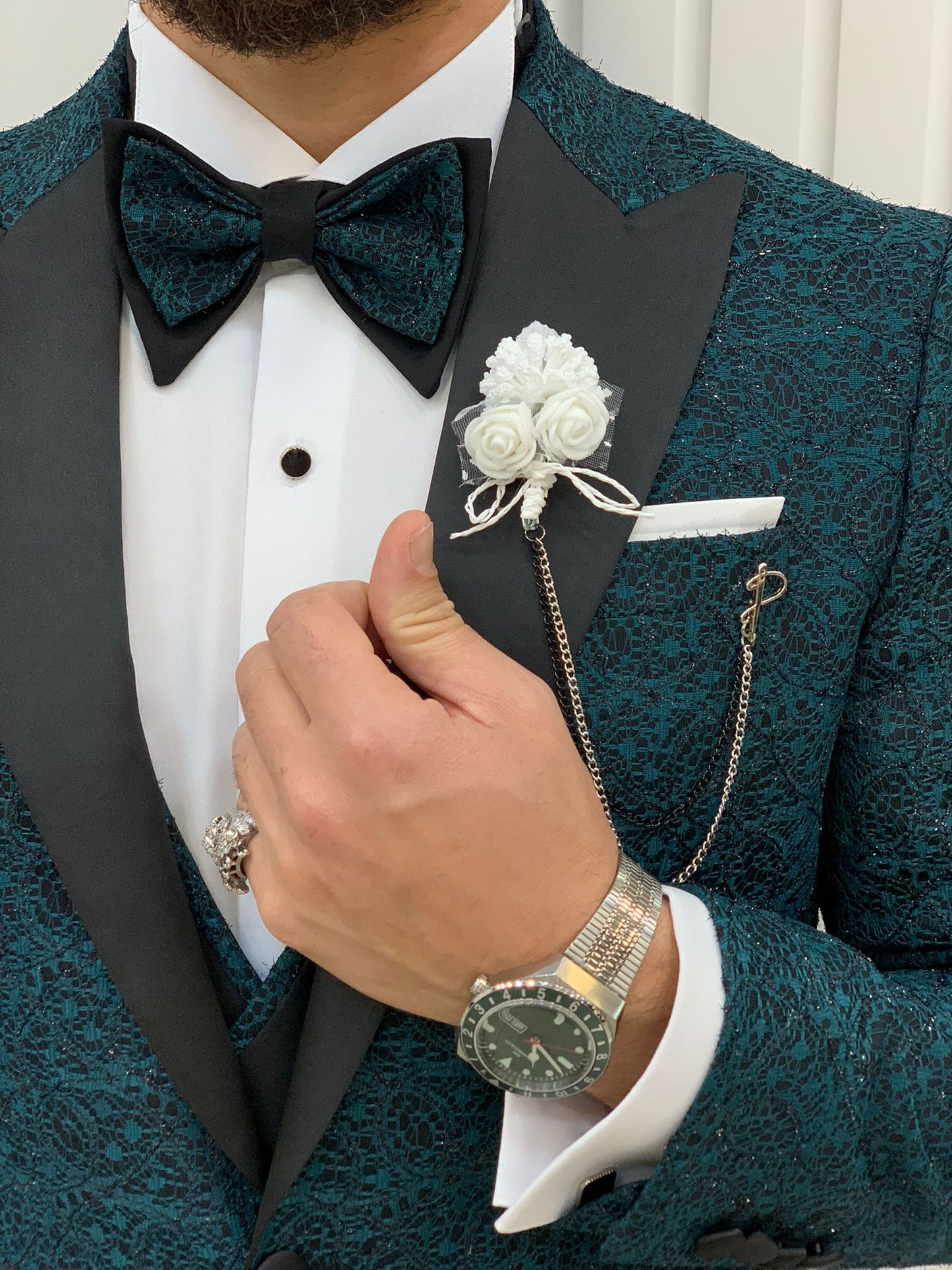 Caesar Green Slim Fit Peak Lapel Floral Patterned Tuxedo