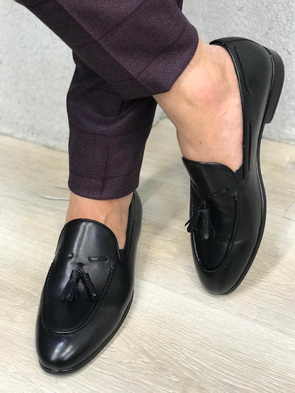 Tassel Leather Black Loafers for Men