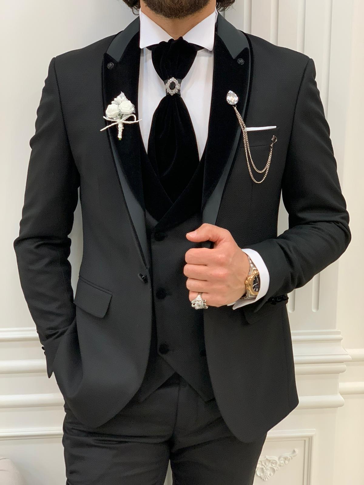 Forte Black Slim Fit Velvet Peak Lapel Wedding Suit