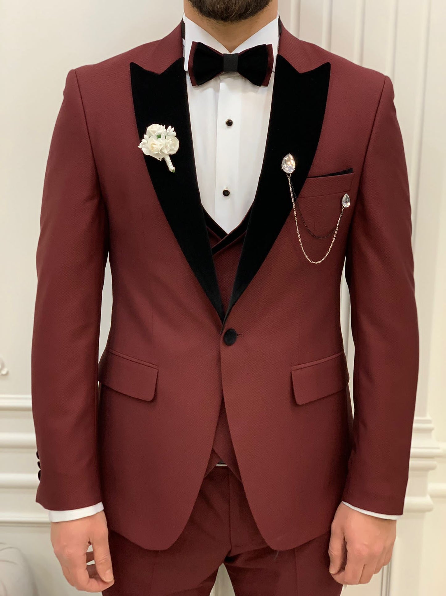Eden Burgundy Slim Fit Velvet Peak Lapel Tuxedo