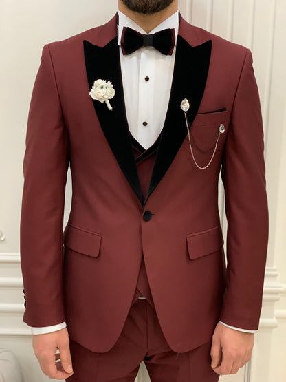 Eden Burgundy Slim Fit Velvet Peak Lapel Tuxedo