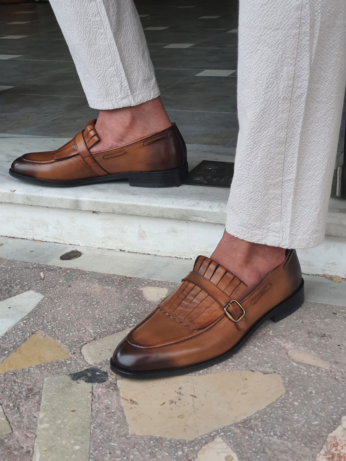 Bristol Tan Buckle Detailed Leather Loafers