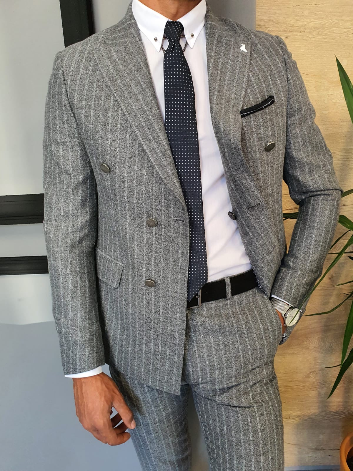 Wellington Gray Pinstripe Double Breasted Suit