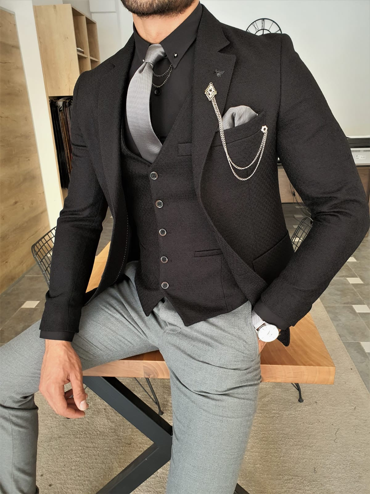 Henderson Jet Black Slim Fit Three-Piece Suit