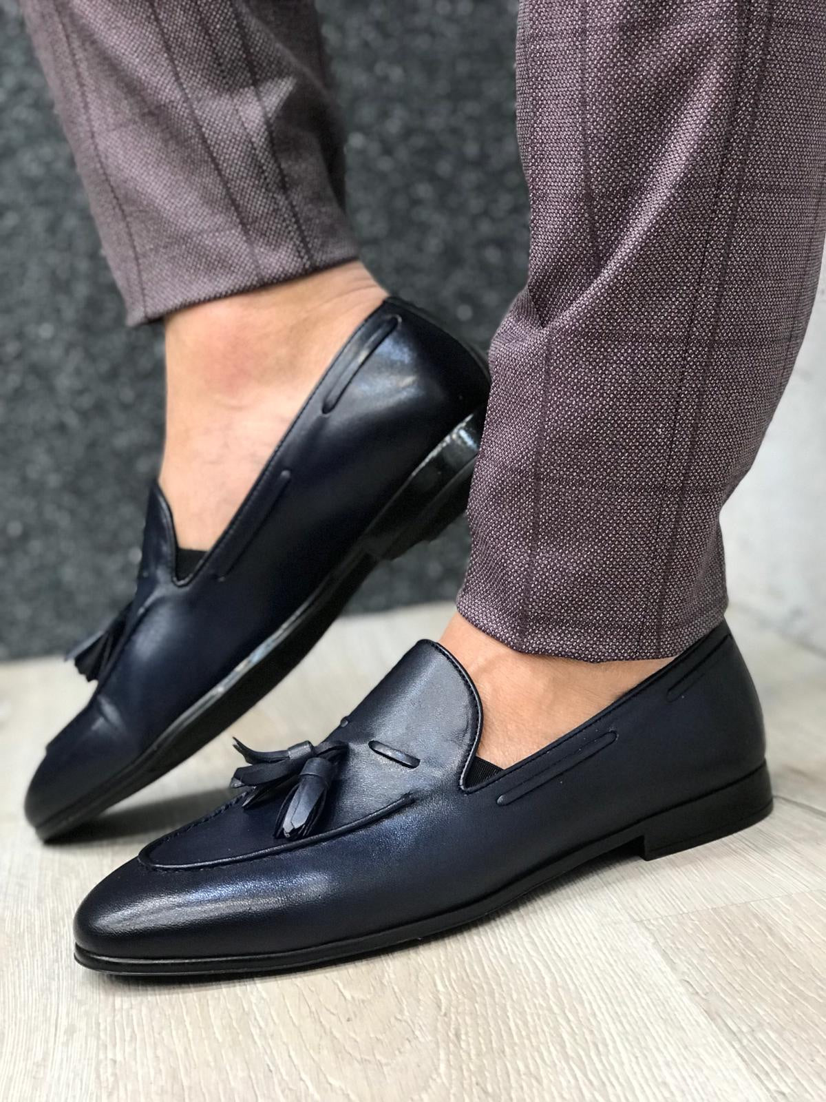 Tassel Leather Navy Loafers for Men