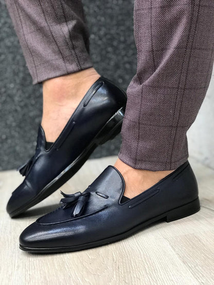 Tassel Leather Navy Loafers for Men