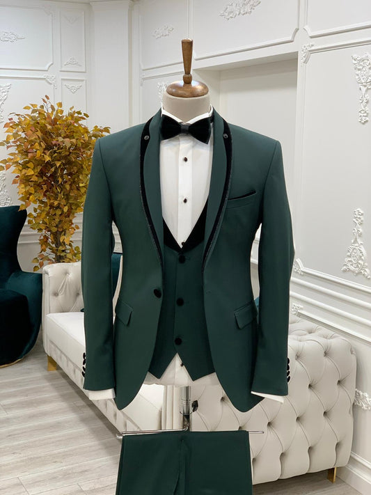 Caesar Green Slim Fit Velvet Shawl Button Lapel Tuxedo