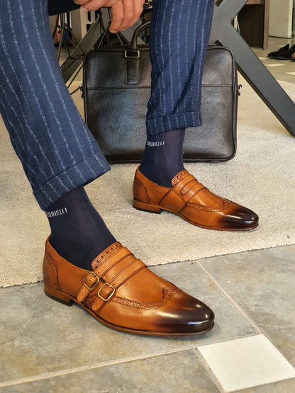 Stefano Tan Buckle Wingtip Loafers - Sophisticated Leather Footwear