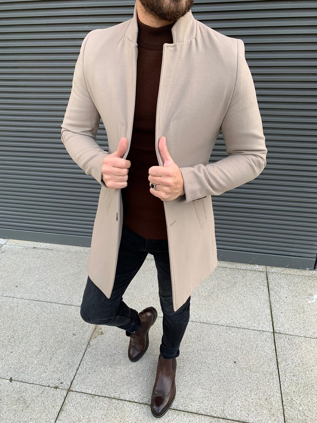 Kenzie Beige Slim Fit Wool Long Coat - Elegance Meets Comfort