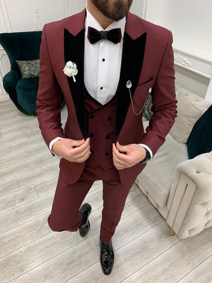 Eden Burgundy Slim Fit Velvet Peak Lapel Tuxedo