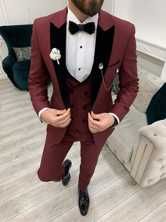 Eden Burgundy Slim Fit Velvet Peak Lapel Tuxedo