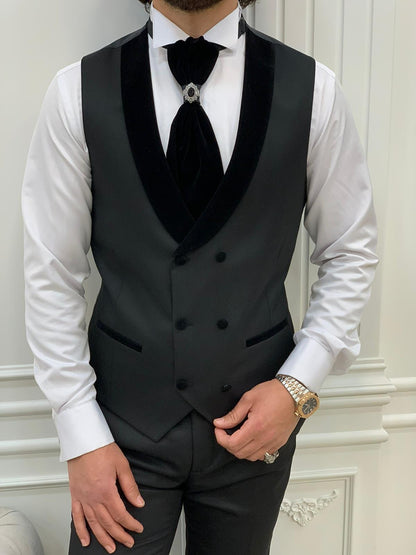 Forte Black Slim Fit Velvet Peak Lapel Wedding Suit