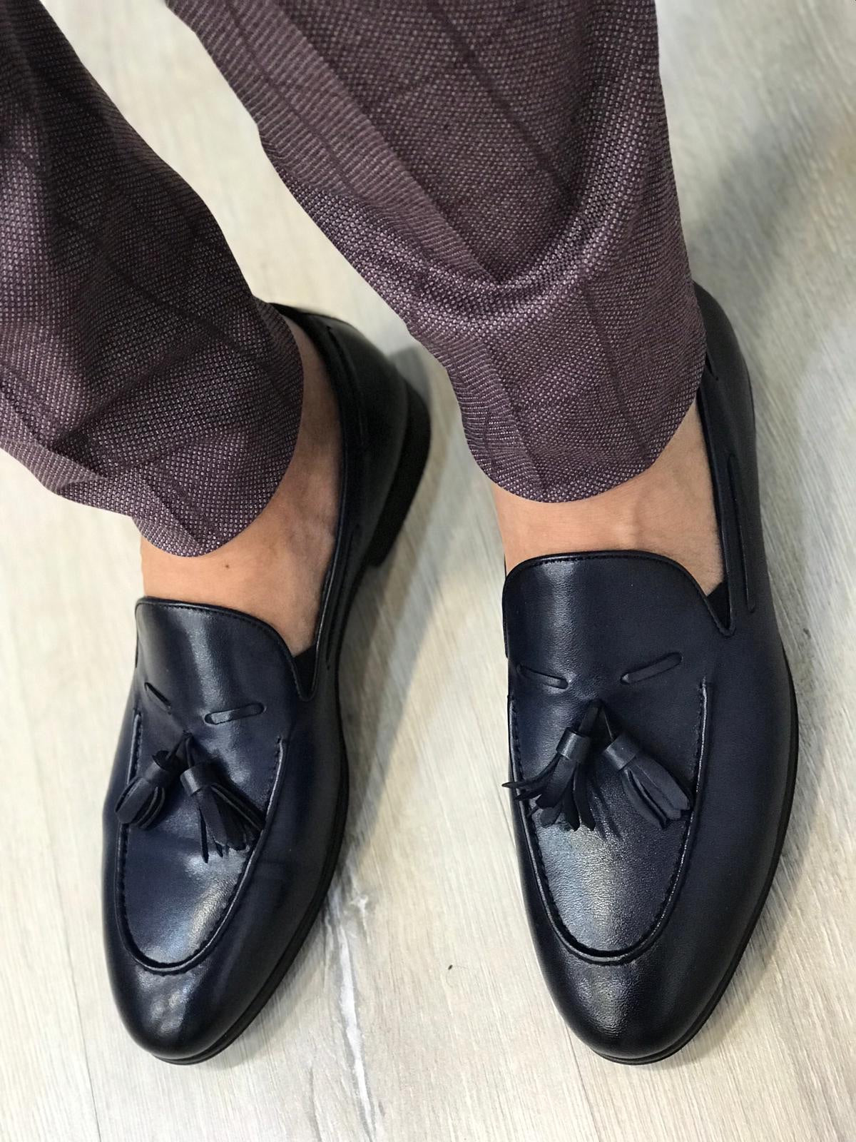 Tassel Leather Navy Loafers for Men