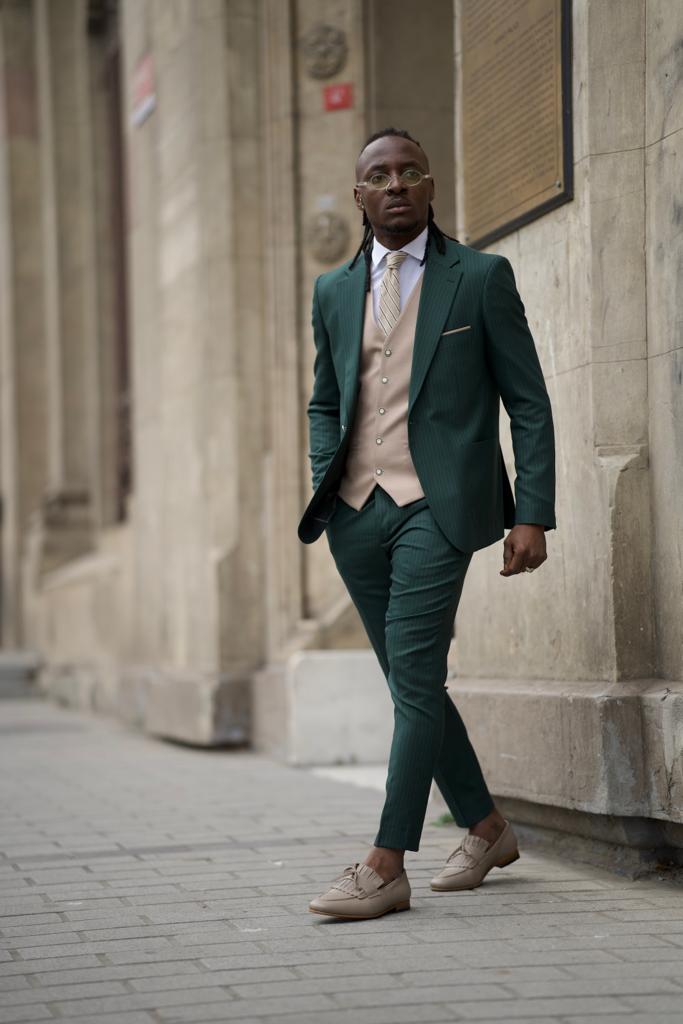 Sorento Green Slim Fit Pinstripe Combination Suit for Men