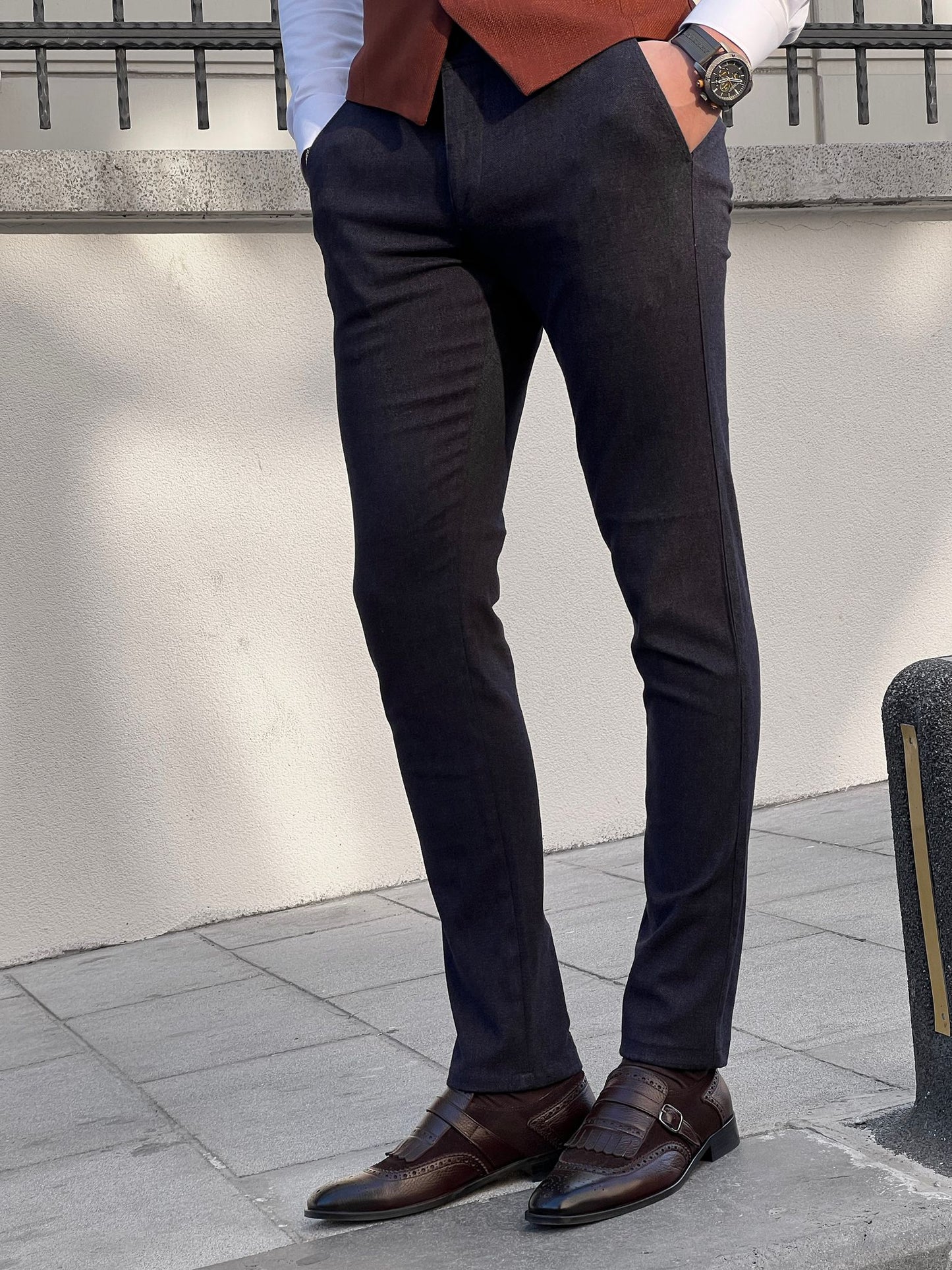 Fabio Navy Blue Slim Fit Cotton Pants