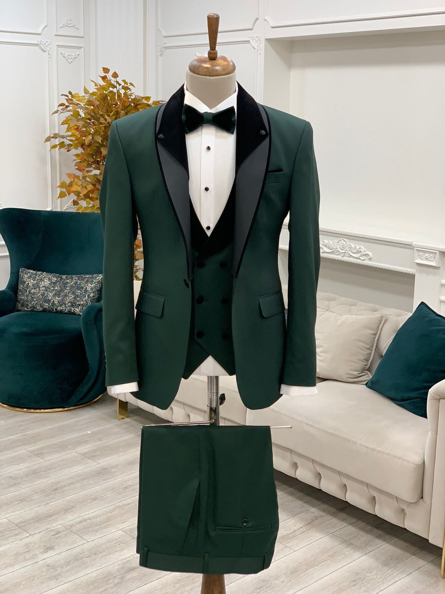 Caesar Green Slim Fit Velvet Shawl Lapel Tuxedo