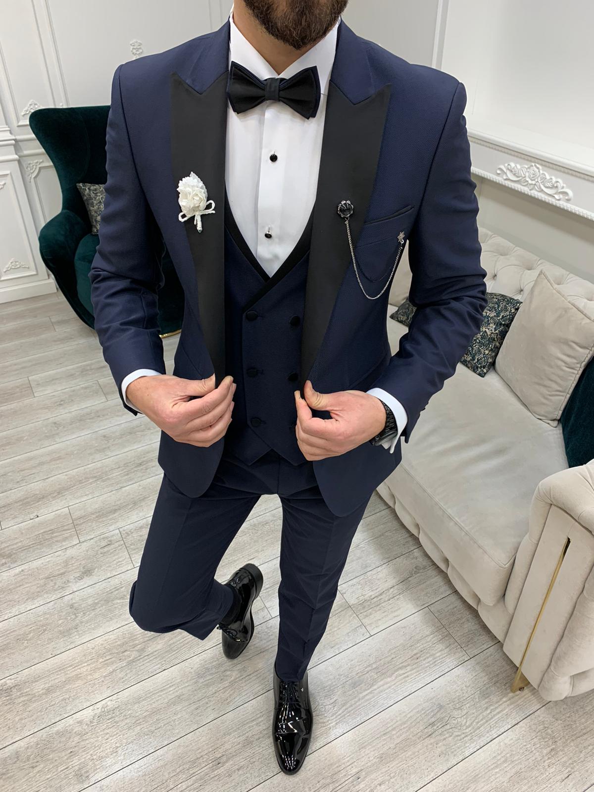Eden Navy Blue Slim Fit Peak Lapel Tuxedo