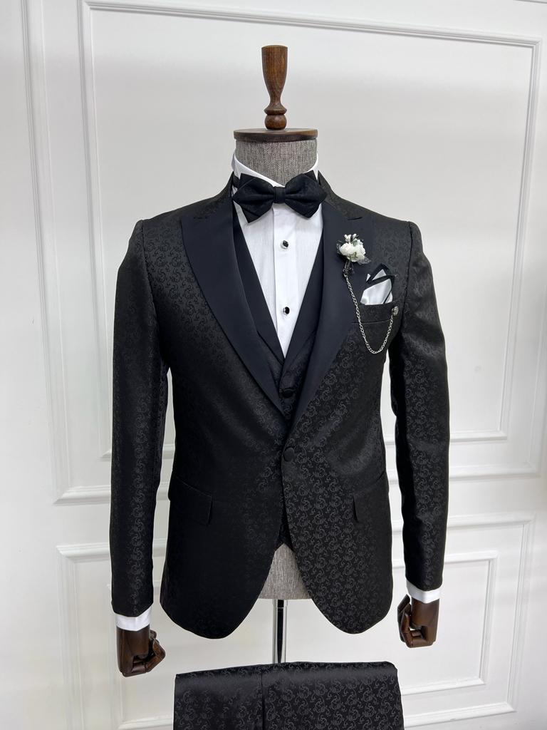 Sorento Black Slim Fit Floral Peak Lapel Tuxedo - Premium Formalwear for Men