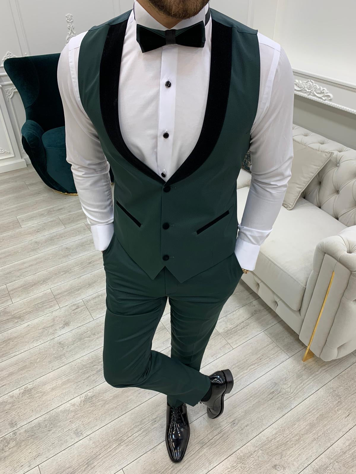 Infinite Green Slim Fit Velvet Peak Lapel Tuxedo