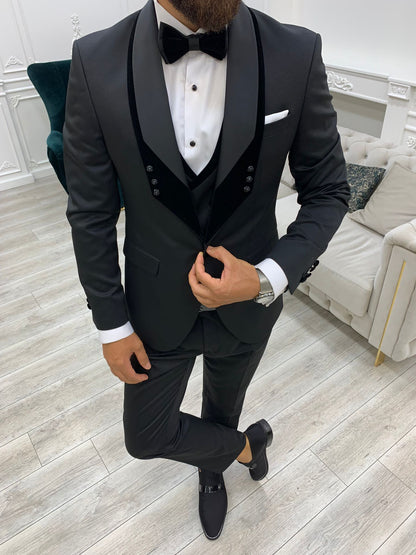 Infinite Black Slim Fit Velvet Shawl Lapel Tuxedo