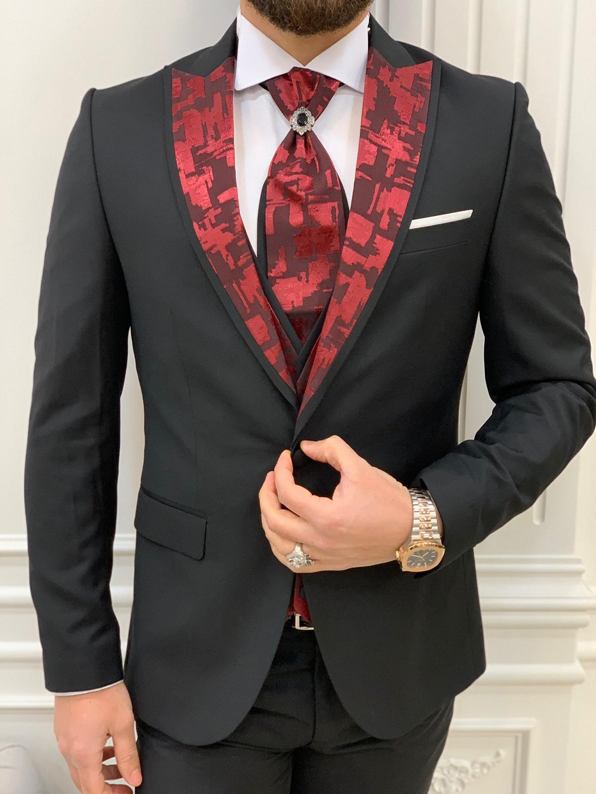 Paris Burgundy Black Slim Fit Peak Lapel Wedding Suit