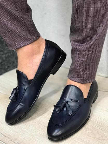 Tassel Leather Navy Loafers for Men