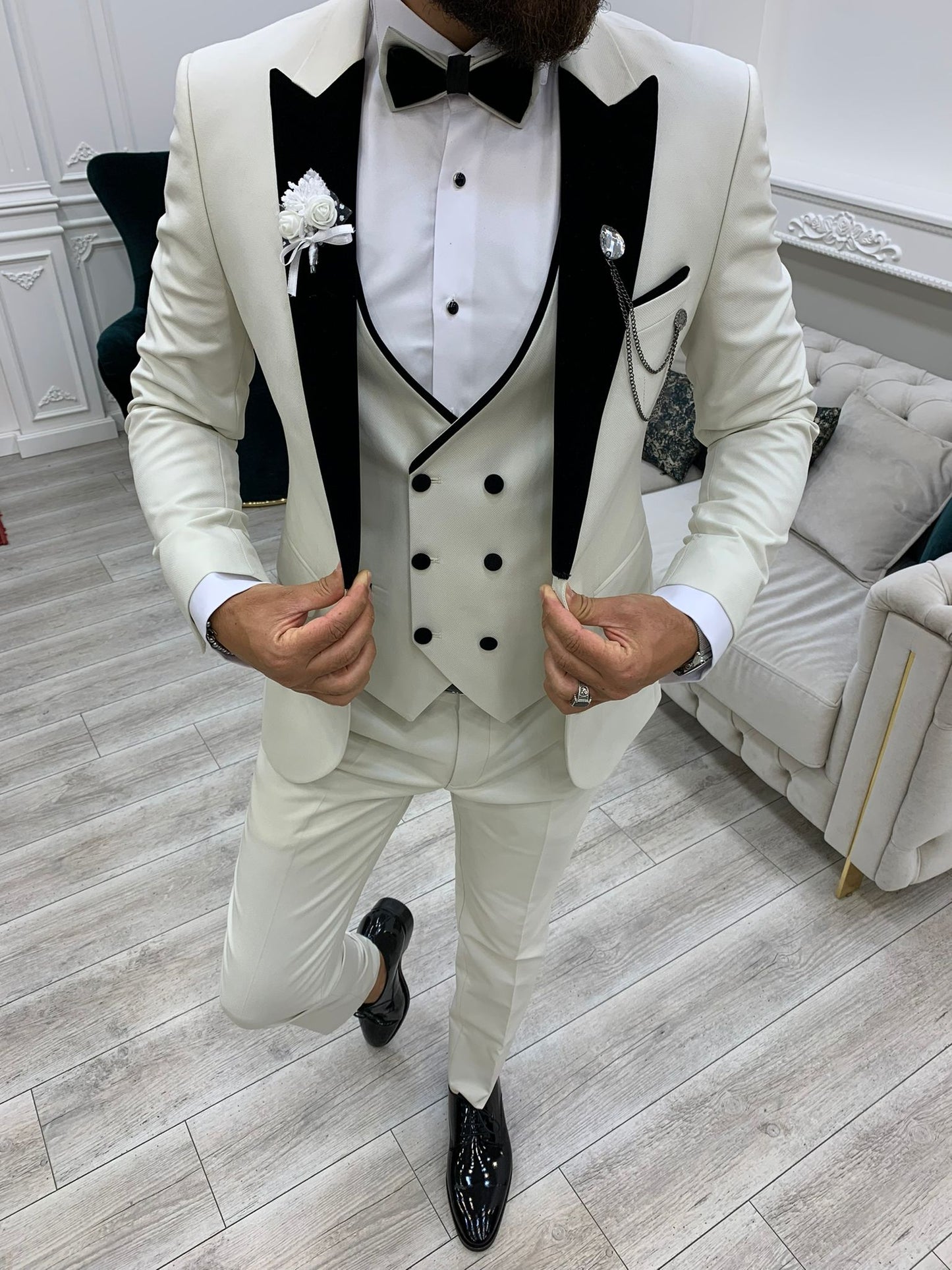 Acacia White Slim Fit Velvet Peak Lapel Tuxedo - Elevate Your Formal Wardrobe
