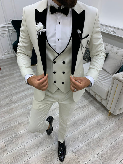 Acacia White Slim Fit Velvet Peak Lapel Tuxedo - Elevate Your Formal Wardrobe