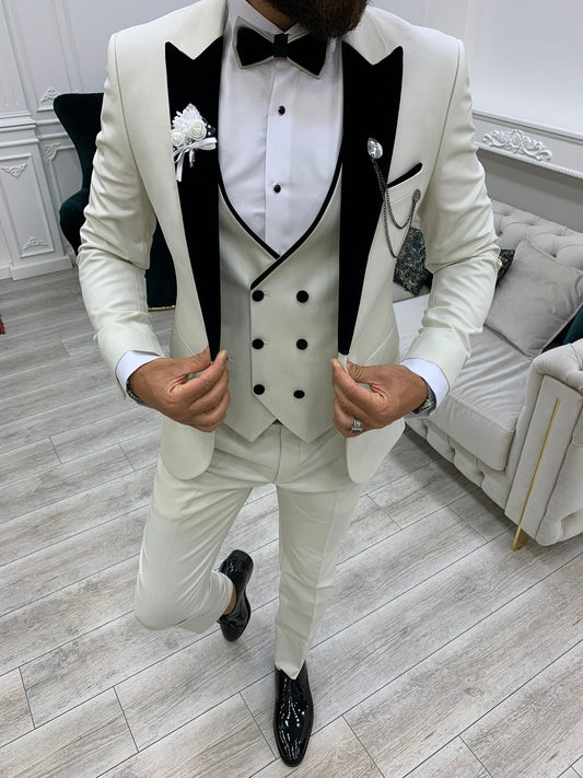 Acacia White Slim Fit Velvet Peak Lapel Tuxedo - Elevate Your Formal Wardrobe