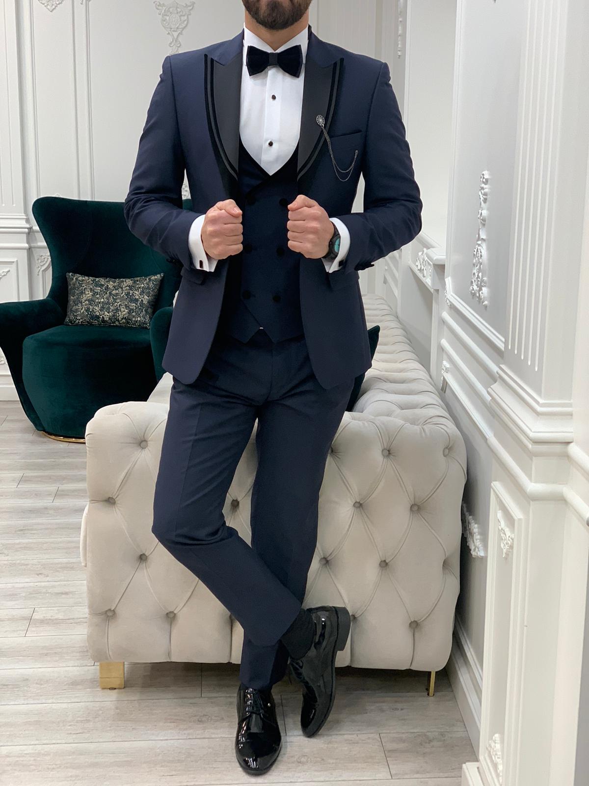 Eden Navy Blue Slim Fit Velvet Satin Peak Lapel Tuxedo