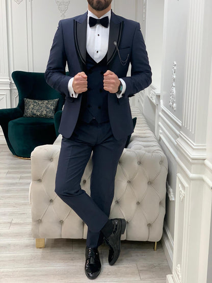 Eden Navy Blue Slim Fit Velvet Satin Peak Lapel Tuxedo