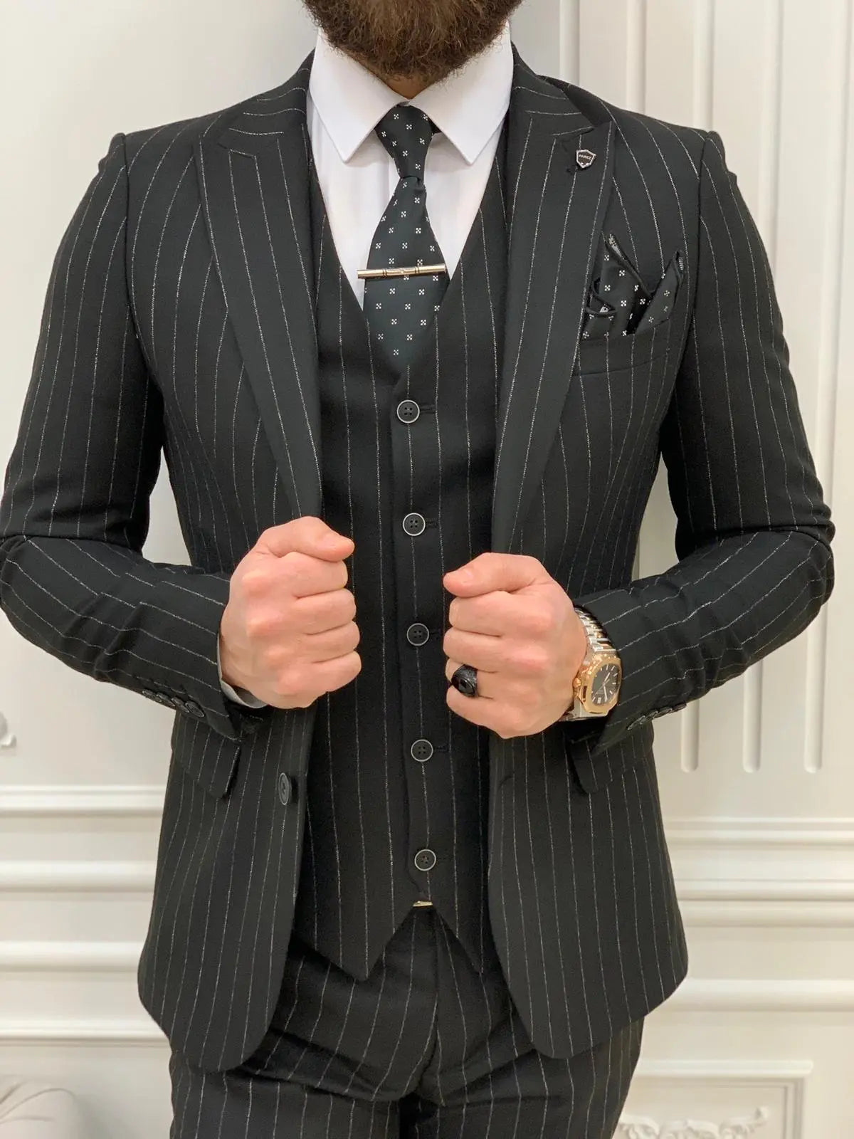 Lagos Black Slim Fit Peak Lapel Pinstripe Suit - Versatile Elegance for Every Occasion brabion