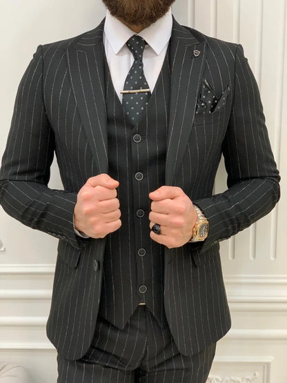Lagos Black Slim Fit Peak Lapel Pinstripe Suit - Versatile Elegance for Every Occasion brabion